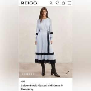 Reiss Tori Pleated Midi Dress in Light Blue and Black